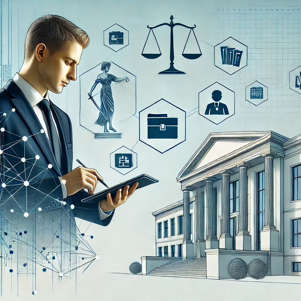 DALL·E 2024-11-07 14.27.50 - A modern illustration showing a lawyer using digital tools, with legal documents on a tablet or laptop, in front of a modern building with clean lin